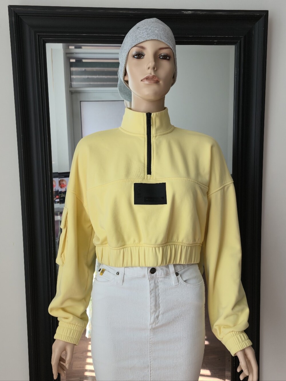 HUGO Yellow Cropped half-zip Sweatshirt Cotton Blend US S